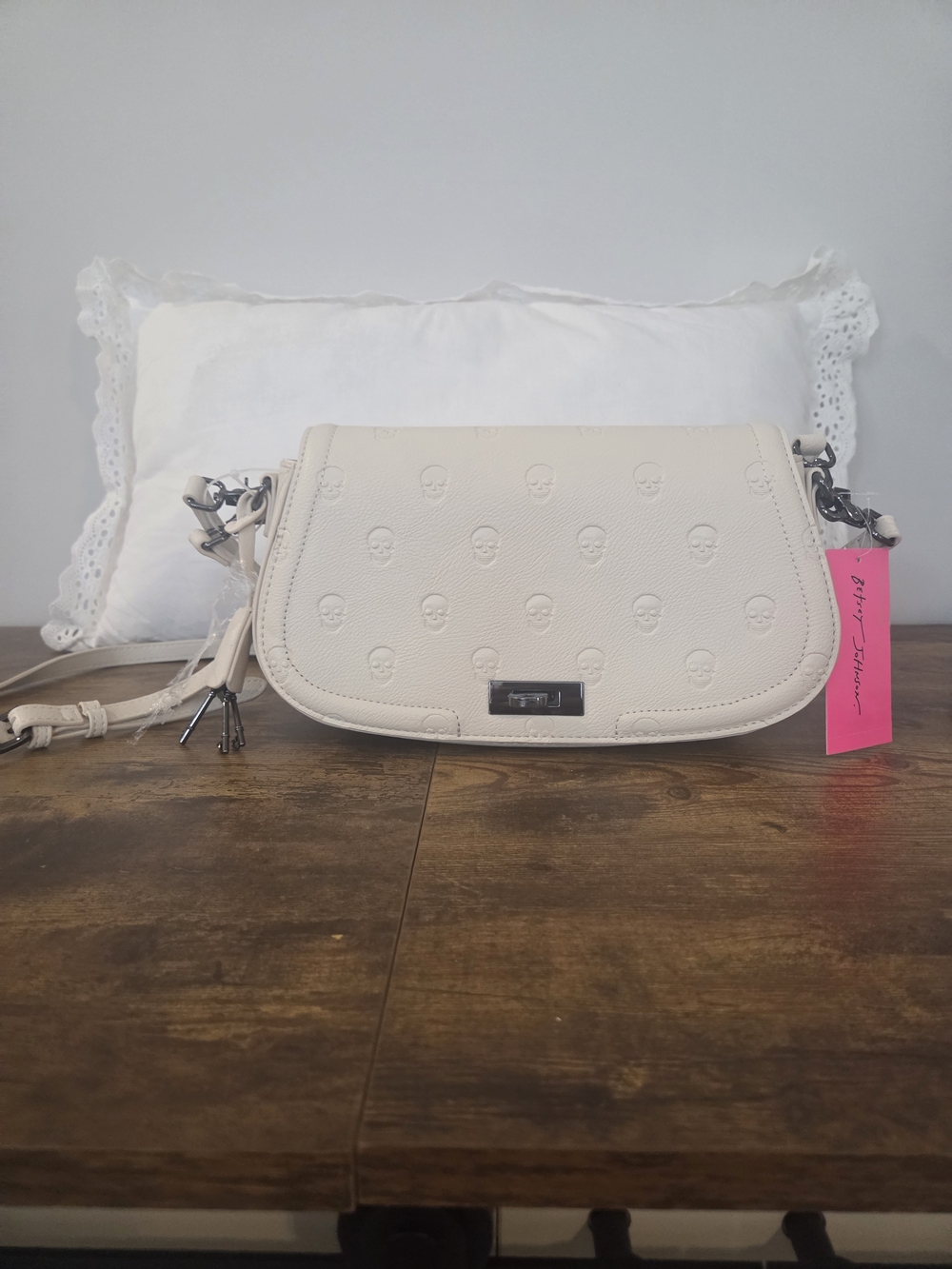 Betsy Johnson Ivory Embossed Skull Leather Crossbody Bag